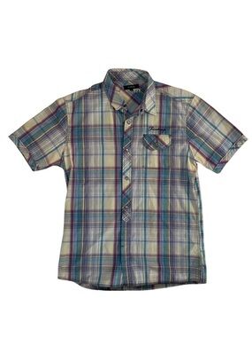 Firetrap Y2K Plaid Short-Sleeve Button-Up Shirt in Light Blue and Cream